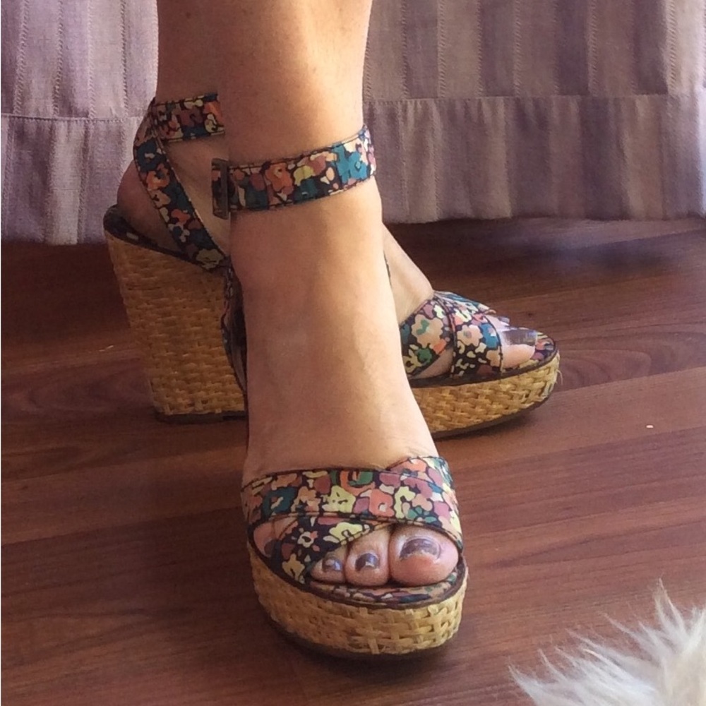 Marc Jacobs Floral Print Wedges Woven Wicker Platform Straps Shoes Euro Size 38